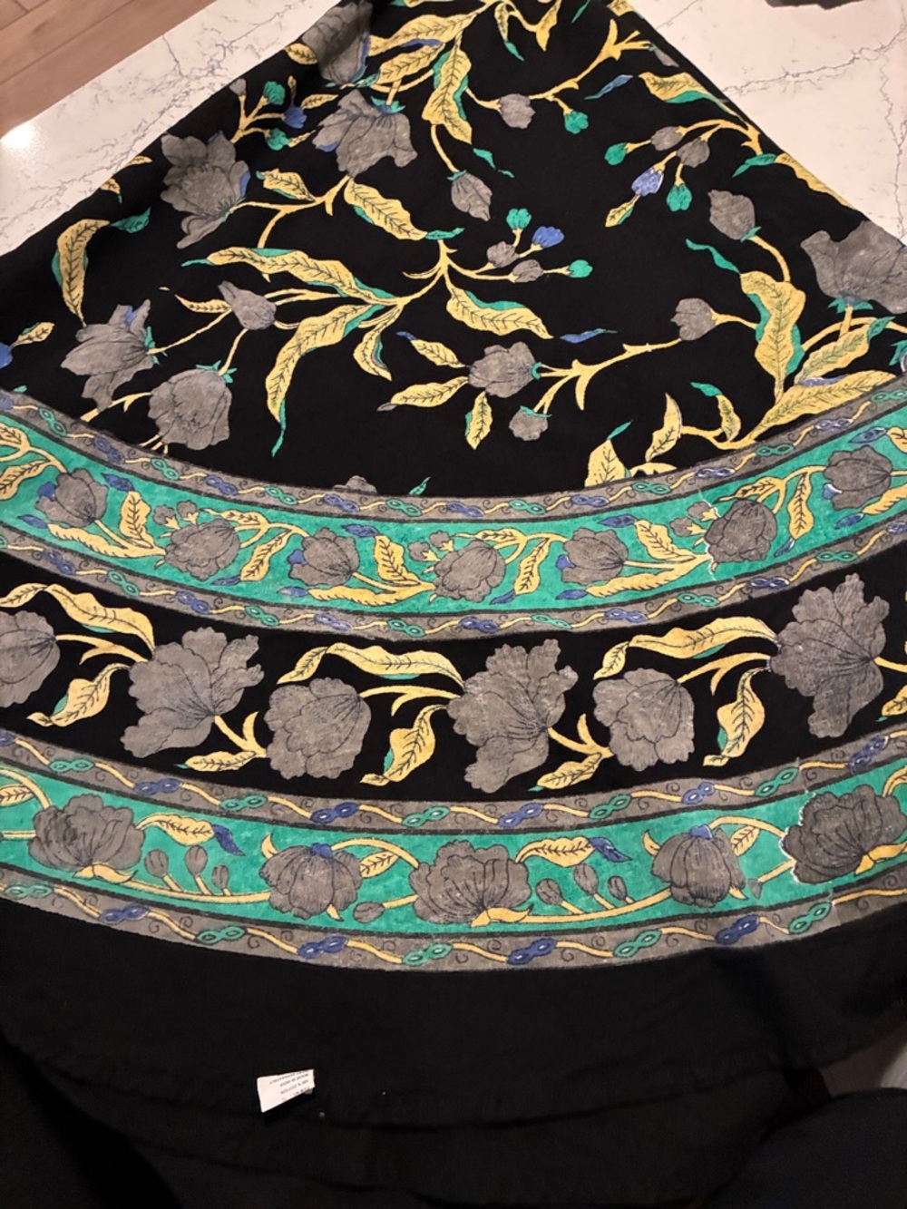 Black Floral-Embroidered Tablecloth with Teal Accents
